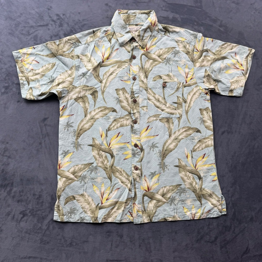 Island Republic Mens Medium Silk Tropical Bird of Paradise Aloha Shirt Blue